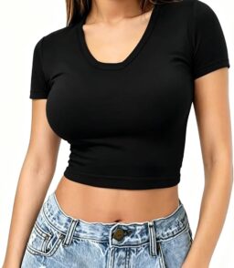 Women's U Neck Crop T-Shirt Slim Fit Short Sleeve Casual Top