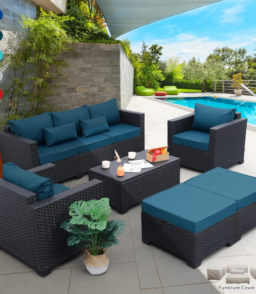 Rattaner Patio Furniture Set 6 Pieces Couch Outdoor Chairs Coffee Table Peacock Blue Anti-Slip Cushions and Waterproof Covers