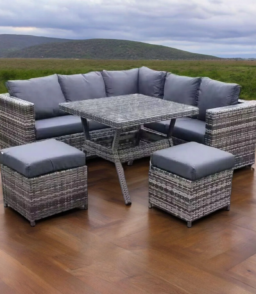 Wooden Twist Terrace Modular Design Weather Resistant Wicker Conversation Rattan & Steel 5 Pieces Outdoor Furniture Set With Six Cushions