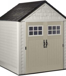 Rubbermaid Resin Outdoor Garden Storage Shed With Windows And Utility Hooks. Sand - 7x7 Ft